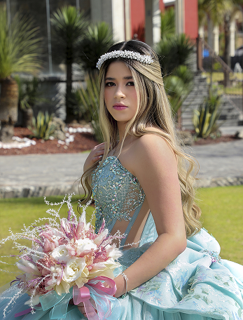 XV Años outdoor portrait holding bouquet